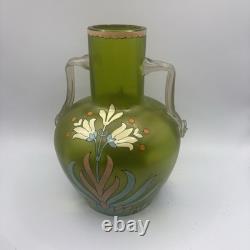 Antique Harrach Bohemian Art Glass Vase Hand Blown, Enamel Applied Handles 7.5 Antique Harrach Bohemian Art Glass Vase Hand Blown, Enamel Applied Handles 7.5