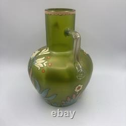 Antique Harrach Bohemian Art Glass Vase Hand Blown, Enamel Applied Handles 7.5 Antique Harrach Bohemian Art Glass Vase Hand Blown, Enamel Applied Handles 7.5
