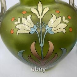 Antique Harrach Bohemian Art Glass Vase Hand Blown, Enamel Applied Handles 7.5 Antique Harrach Bohemian Art Glass Vase Hand Blown, Enamel Applied Handles 7.5
