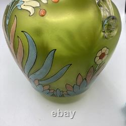 Antique Harrach Bohemian Art Glass Vase Hand Blown, Enamel Applied Handles 7.5 Antique Harrach Bohemian Art Glass Vase Hand Blown, Enamel Applied Handles 7.5