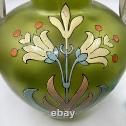 Antique Harrach Bohemian Art Glass Vase Hand Blown, Enamel Applied Handles 7.5 Antique Harrach Bohemian Art Glass Vase Hand Blown, Enamel Applied Handles 7.5
