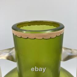 Antique Harrach Bohemian Art Glass Vase Hand Blown, Enamel Applied Handles 7.5 Antique Harrach Bohemian Art Glass Vase Hand Blown, Enamel Applied Handles 7.5