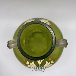 Antique Harrach Bohemian Art Glass Vase Hand Blown, Enamel Applied Handles 7.5 Antique Harrach Bohemian Art Glass Vase Hand Blown, Enamel Applied Handles 7.5