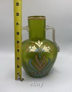 Antique Harrach Bohemian Art Glass Vase Hand Blown, Enamel Applied Handles 7.5 Antique Harrach Bohemian Art Glass Vase Hand Blown, Enamel Applied Handles 7.5