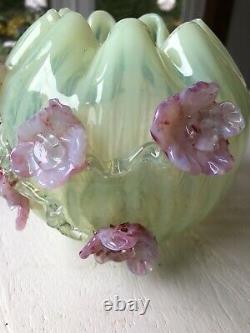 Antique Harrach Or Stevens & Williams Vaseline Opalescent Glass Rose Bowl 1890s