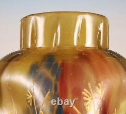 Antique Harrach Rainbow Spatter Glass Vase Gold Enamel Flowers Art Nouveau Pinch