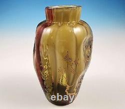 Antique Harrach Rainbow Spatter Glass Vase Gold Enamel Flowers Art Nouveau Pinch