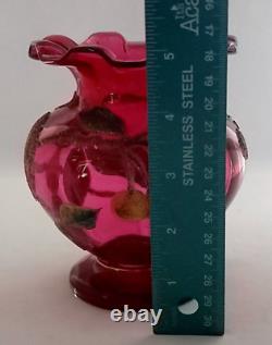 Antique Heckert Loetz Art Nouveau Cranberry Coralene Fruit Enameled Glass Vase Antique Heckert Loetz Art Nouveau Cranberry Coralene Fruit Enameled Glass Vase