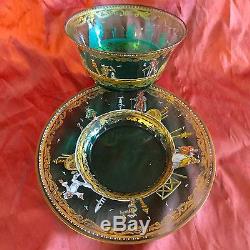 Antique Italian Green Glass Set, Bowl & Under-plate Hand Painted Enamel & Gold