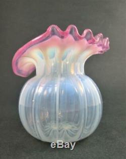 Antique JACK-in-the-PULPIT Victorian art glass VASE Ribbed Opalescent, PINK trim