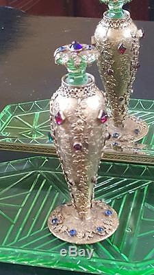 Antique Jeweled Czech Perfume Bottle green Vaseline glass Jeweled Top Gold Gilt
