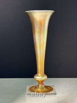 Antique L. C. Tiffany Favrile Gold Iridescent Art Glass Trumpet Vase 8 Signed