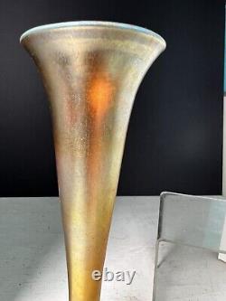 Antique L. C. Tiffany Favrile Gold Iridescent Art Glass Trumpet Vase 8 Signed