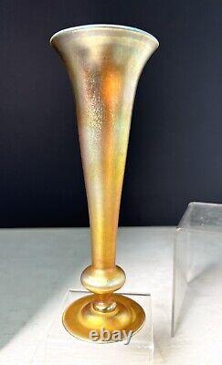 Antique L. C. Tiffany Favrile Gold Iridescent Art Glass Trumpet Vase 8 Signed