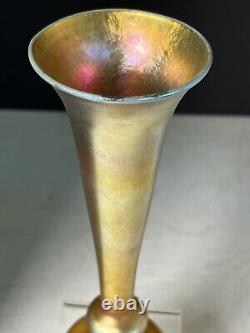Antique L. C. Tiffany Favrile Gold Iridescent Art Glass Trumpet Vase 8 Signed