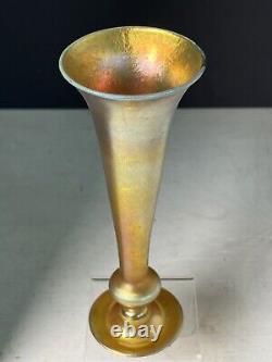 Antique L. C. Tiffany Favrile Gold Iridescent Art Glass Trumpet Vase 8 Signed