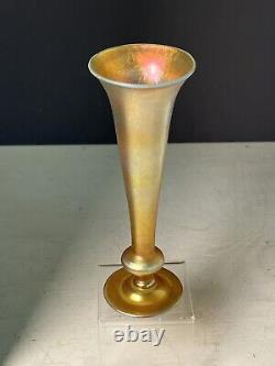 Antique L. C. Tiffany Favrile Gold Iridescent Art Glass Trumpet Vase 8 Signed