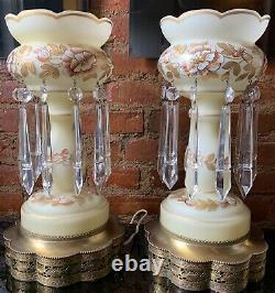 Antique LG Pair Bohemian Glass Lustres Lamp Hanging Crystal Prisms Gold Floral