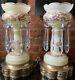 Antique Lg Pair Bohemian Glass Lustres Lamp Hanging Crystal Prisms Gold Floral