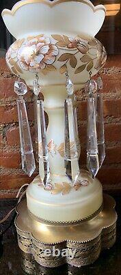 Antique LG Pair Bohemian Glass Lustres Lamp Hanging Crystal Prisms Gold Floral