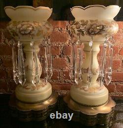 Antique LG Pair Bohemian Glass Lustres Lamp Hanging Crystal Prisms Gold Floral