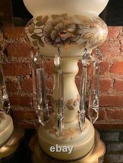 Antique LG Pair Bohemian Glass Lustres Lamp Hanging Crystal Prisms Gold Floral