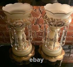 Antique LG Pair Bohemian Glass Lustres Lamp Hanging Crystal Prisms Gold Floral