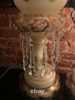 Antique LG Pair Bohemian Glass Lustres Lamp Hanging Crystal Prisms Gold Floral