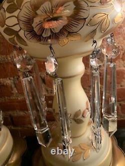 Antique LG Pair Bohemian Glass Lustres Lamp Hanging Crystal Prisms Gold Floral