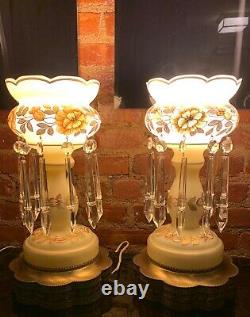 Antique LG Pair Bohemian Glass Lustres Lamp Hanging Crystal Prisms Gold Floral