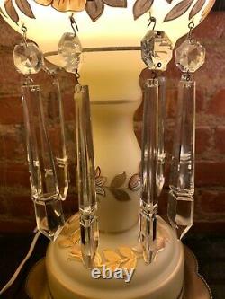 Antique LG Pair Bohemian Glass Lustres Lamp Hanging Crystal Prisms Gold Floral