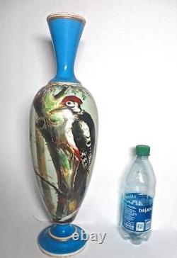 Antique Large 1890-1910 Bristol Glass 18 Vase with Pileated Woodpecker