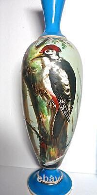 Antique Large 1890-1910 Bristol Glass 18 Vase with Pileated Woodpecker