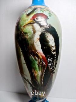 Antique Large 1890-1910 Bristol Glass 18 Vase with Pileated Woodpecker