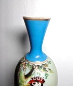 Antique Large 1890-1910 Bristol Glass 18 Vase with Pileated Woodpecker