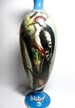 Antique Large 1890-1910 Bristol Glass 18 Vase with Pileated Woodpecker