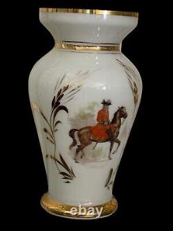 Antique Large French Opaline Glass Hand Painted Noble/Horse Gold Trim Vase 14