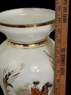 Antique Large French Opaline Glass Hand Painted Noble/Horse Gold Trim Vase 14
