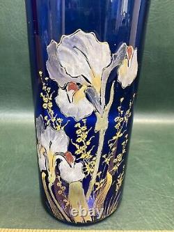 Antique Legras Art Nouveau Cobalt Hand Painted Floral Glass Vase 10.5 France