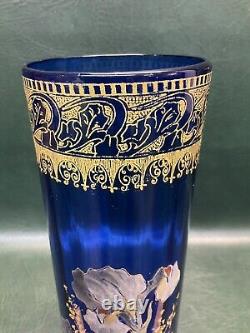 Antique Legras Art Nouveau Cobalt Hand Painted Floral Glass Vase 10.5 France