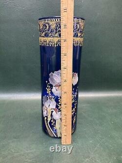 Antique Legras Art Nouveau Cobalt Hand Painted Floral Glass Vase 10.5 France