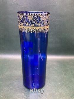 Antique Legras Art Nouveau Cobalt Hand Painted Floral Glass Vase 10.5 France