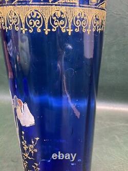 Antique Legras Art Nouveau Cobalt Hand Painted Floral Glass Vase 10.5 France