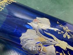 Antique Legras Art Nouveau Cobalt Hand Painted Floral Glass Vase 10.5 France