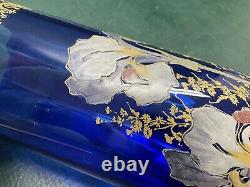 Antique Legras Art Nouveau Cobalt Hand Painted Floral Glass Vase 10.5 France