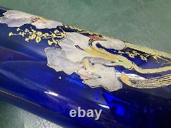 Antique Legras Art Nouveau Cobalt Hand Painted Floral Glass Vase 10.5 France