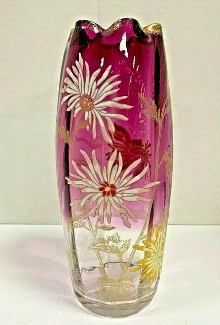 Antique Legras Enameled Mt Joye St. Denis Chrysanthemum Decor Rubina Glass Vase