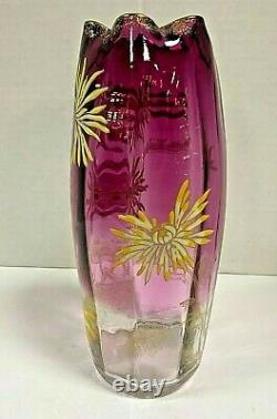 Antique Legras Enameled Mt Joye St. Denis Chrysanthemum Decor Rubina Glass Vase