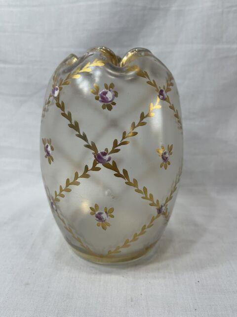 Antique Legras Mont Joye Art Glass Rose Bowl Vase Gold & Enameled Flowers 6