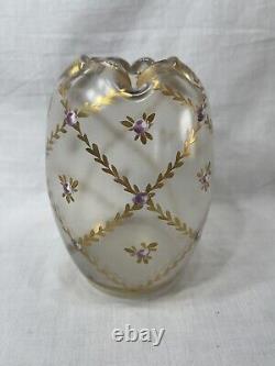 Antique Legras Mont Joye Art Glass Rose Bowl Vase Gold & Enameled Flowers 6